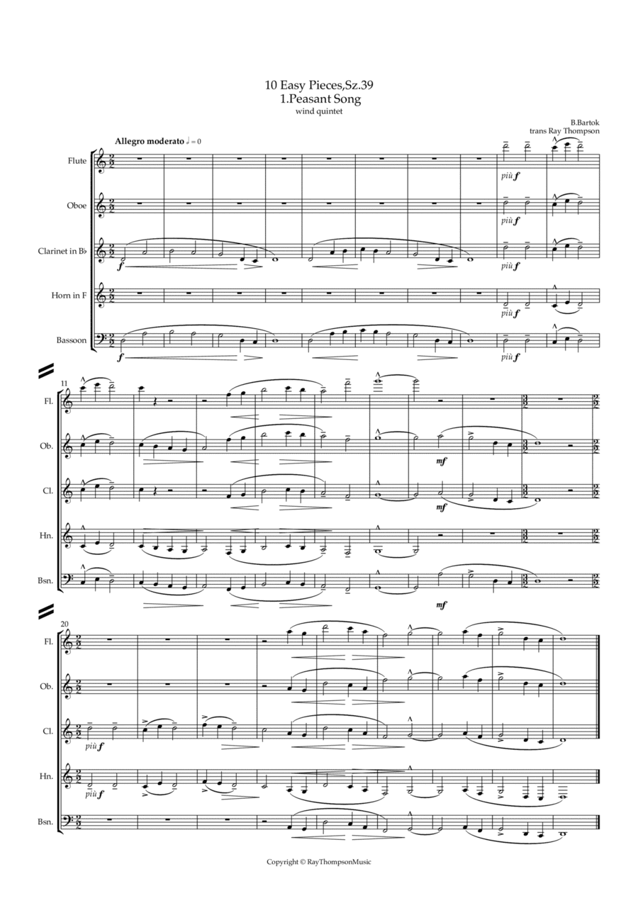 Bartók: 10 Easy Pieces , Sz.39 1.Peasant Song - wind quintet (arr. Ray  Thompson)