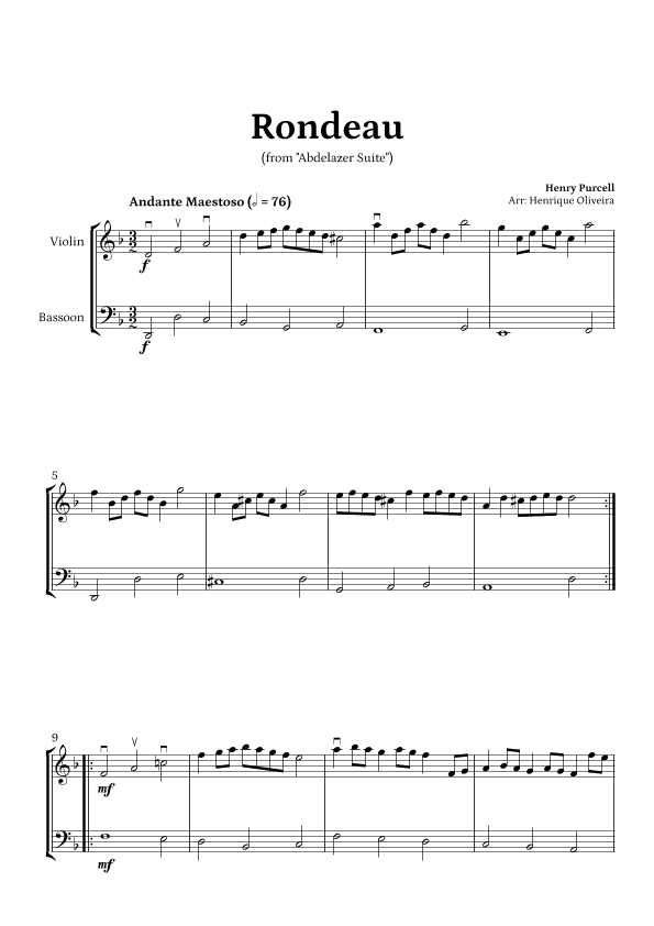 Rondeau from "Abdelazer Suite" by Henry Purcell - For Violin and Bassoon (arr. Henrique Oliveira)