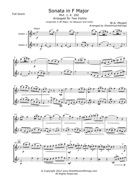 Mozart, W. - Sonata in F (Mvt. 1) for Two Violins (arr. Linda M. Scott)