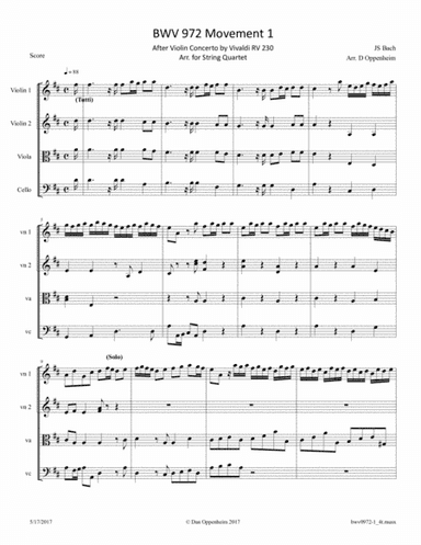 Bach: BWV 972 Mvt 1 after Violin Concerto by Vivaldi RV 230; Arr. for String Quartet (arr. D Oppenheim)