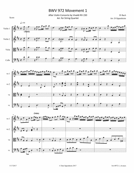 Bach: BWV 972 Mvt 1 after Violin Concerto by Vivaldi RV 230; Arr. for String Quartet (arr. D Oppenheim)