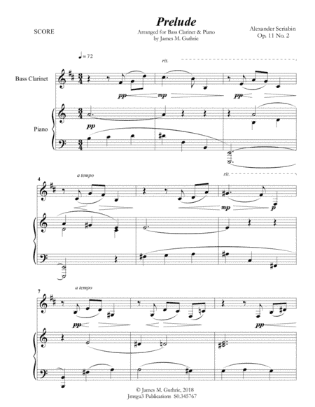 Scriabin: Prelude Op. 11 No. 2 for Bass Clarinet & Piano (arr. James M. Guthrie, ASCAP)
