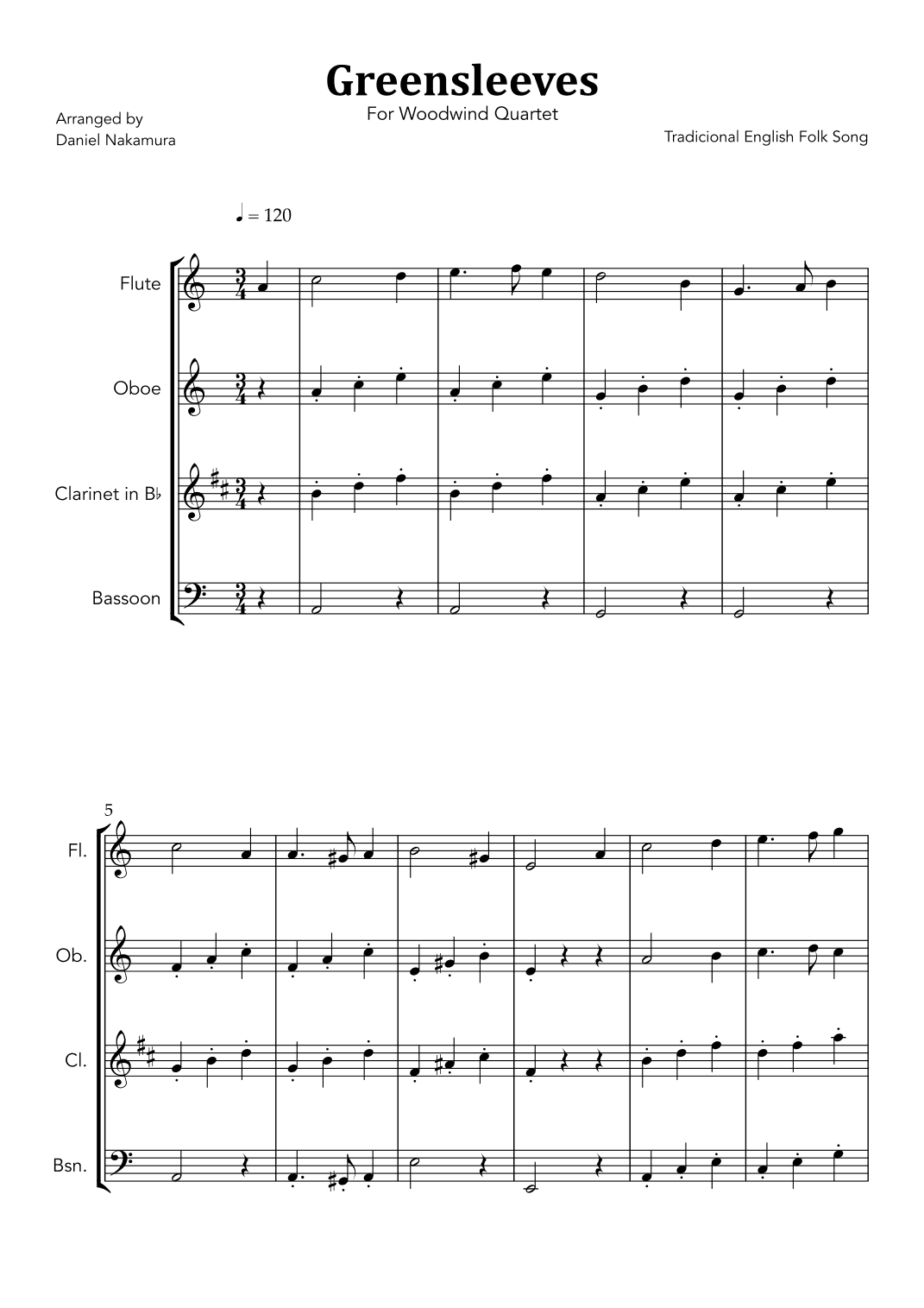 Greensleeves (for Woodwind Quartet) (arr. Daniel Nakamura)