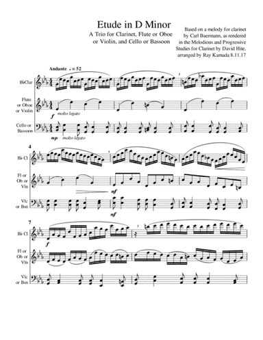 D Minor Etude for Clarinet, Flute (or Oboe or Violin), and Cello (or Bassoon) (arr. Ray Kamada)