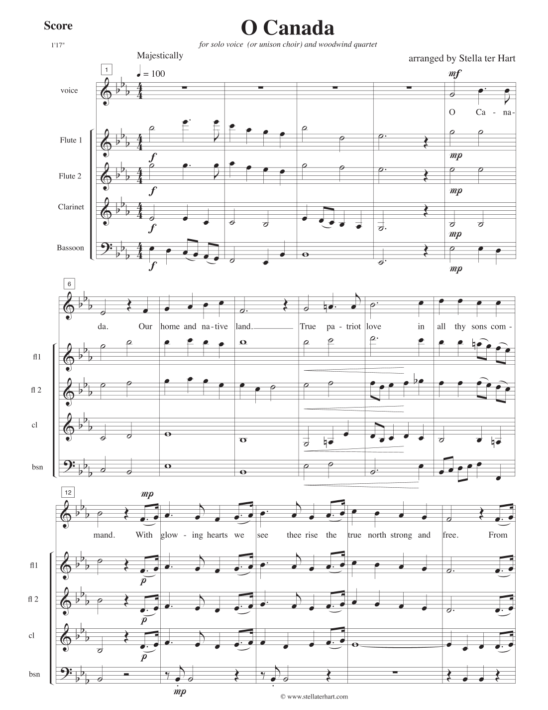 O Canada - unison choir, or vocal solo with woodwind quartet (arr. Stella ter Hart)