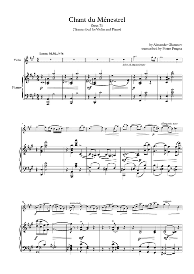 Chant du Ménestrel, Op.71, by Alexander Glazunov - Transcribed for Violin (or Viola) and Piano (arr. Pietro Prugna)