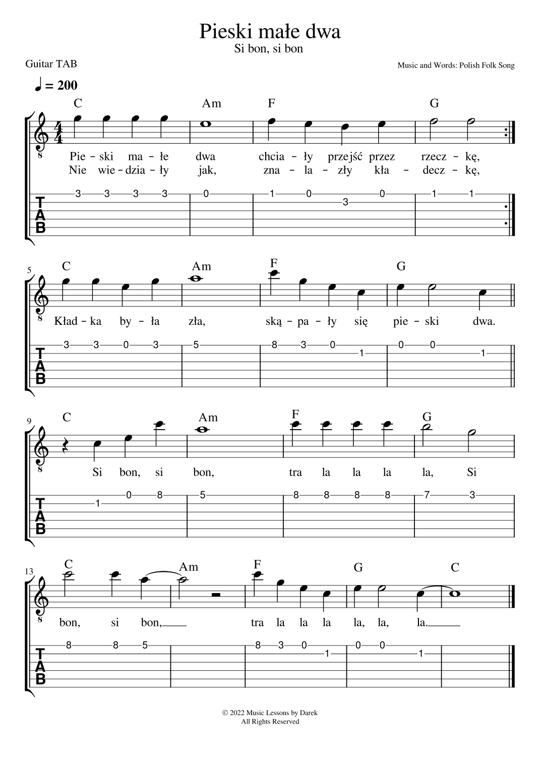 Pieski male dwa (Si bon, si bon), Polish Folk Song | Polish Version of Two Little Dogs [GUITAR TAB] (arr. Darek)