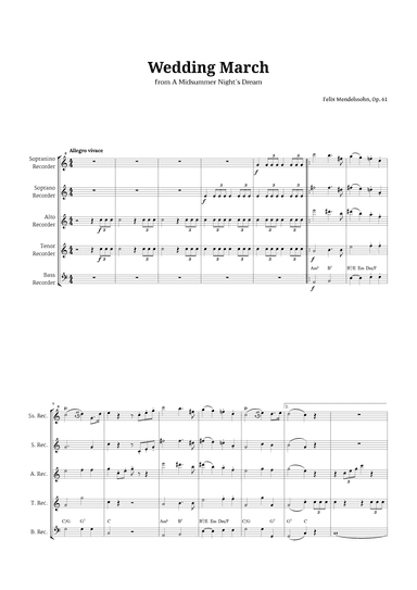 Wedding March by Mendelssohn for Recorder Quintet with Chords (arr. Langanho)