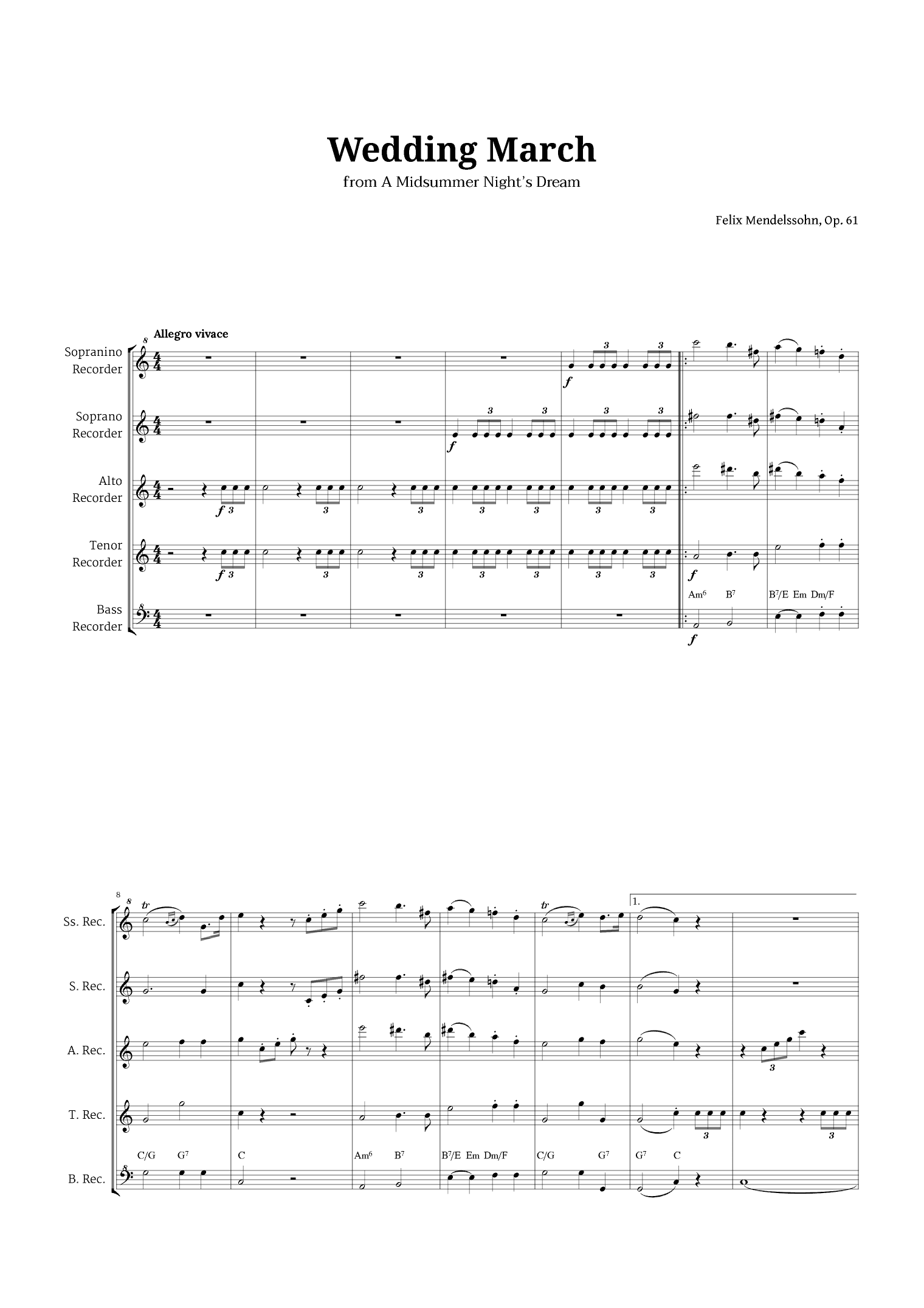 Wedding March by Mendelssohn for Recorder Quintet with Chords (arr. Langanho)