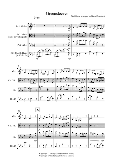 Greensleeves for Violin or Viola, Cello and Double Bass Trio (arr. David Burndrett)