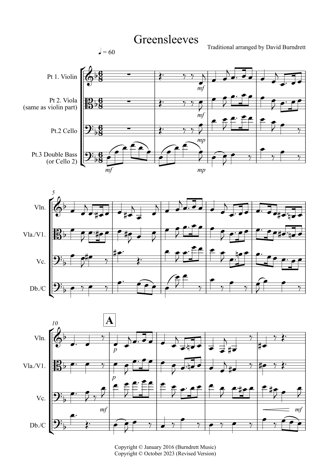 Greensleeves for Violin or Viola, Cello and Double Bass Trio (arr. David Burndrett)