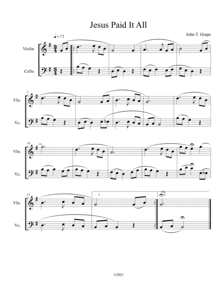 Jesus Paid It All (violin and cello duet) (arr. B. C. Dockery)