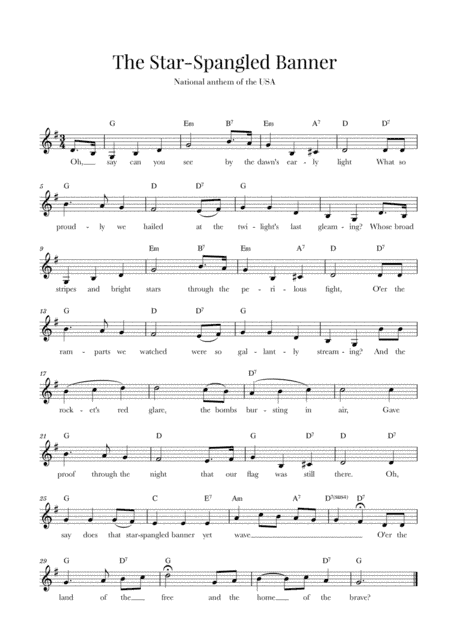 The Star Spangled Banner (National Anthem of the USA) - with lyrics - G Major (arr. Cadenza Editions)