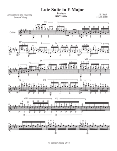 Bach - Lute Suite in E  (BWV 1006a) for Classical Guitar (arr. James Chiang)