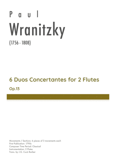 Wranitzky - 6 Duos Concertantes for 2 Flutes, Op.13 (arr. J.G. Cucó Barber)