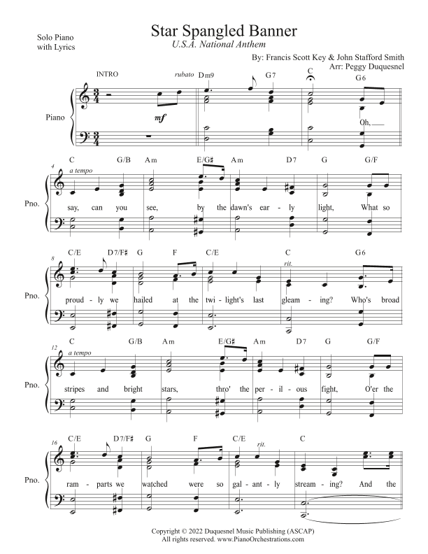 Star Spangled Banner (Key of C - Solo Piano w Lyrics) (arr. Peggy Duquesnel)