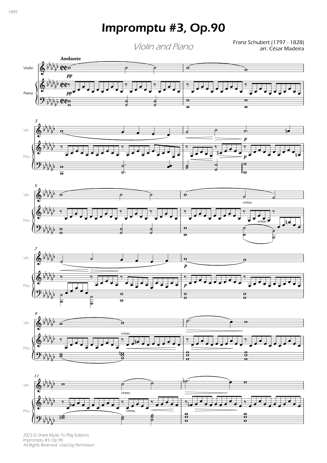 Impromptu No.3, Op.90 - Violin and Piano (Full Score) (arr. César Madeira)