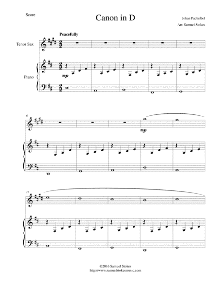 Pachelbel's Canon in D - for Bb tenor saxophone and piano (arr. Samuel Stokes)