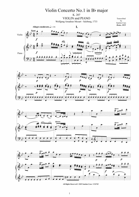 Mozart - Violin Concerto No.1 in B flat K.207 for Violin and Piano - Score and Part (arr. Santino Cara)