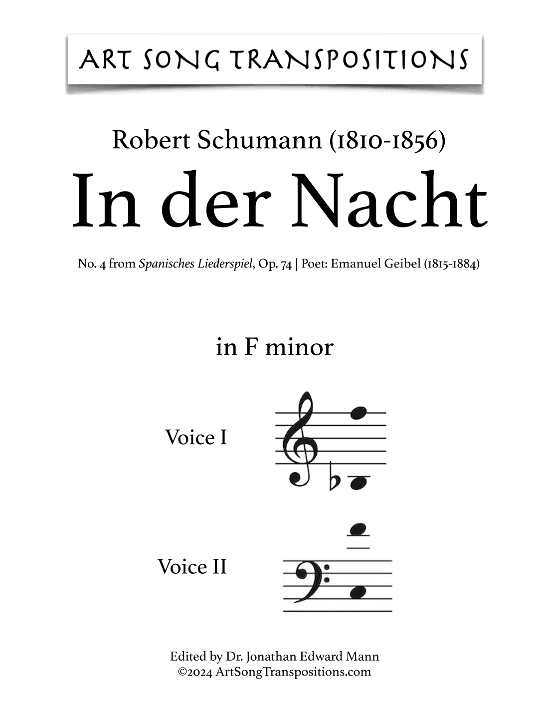 SCHUMANN: In der Nacht, Op. 74 no. 4 (transposed to F minor, voice 2 in bass clef) (arr. ArtSongTranspositions.com)