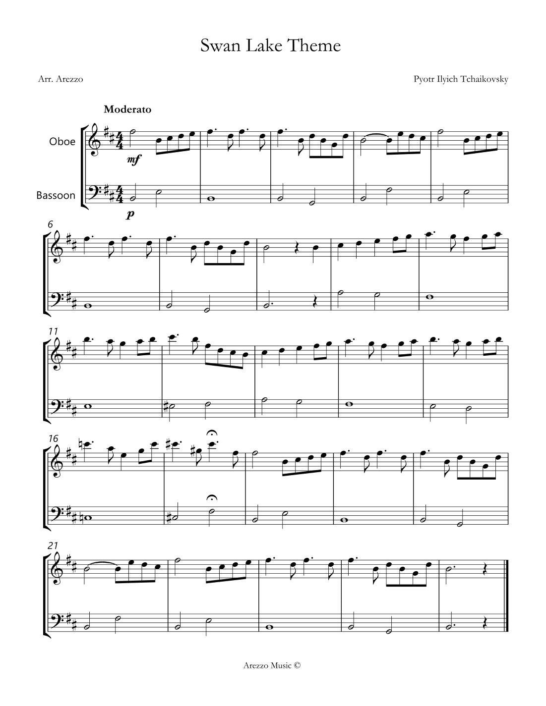 the swan lake theme sheet music for beginners Oboe and Bassoon (arr. Arezzo Music)