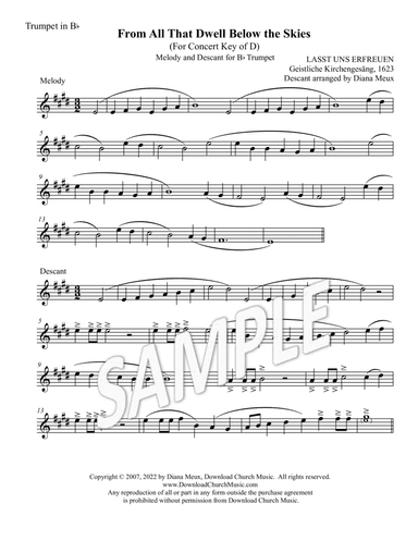 From All That Dwell Below the Skies - Trumpet melody & descant (Key of D) (arr. Diana Meux)