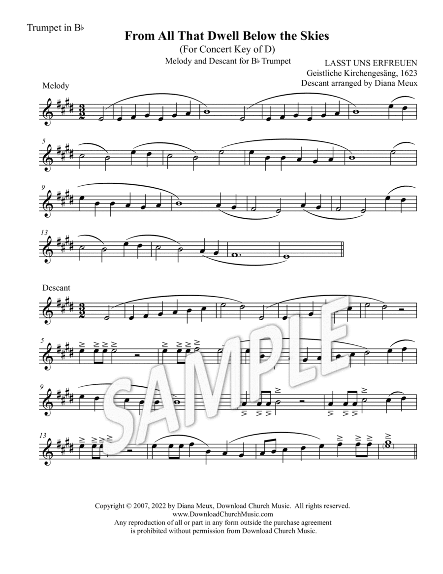 From All That Dwell Below the Skies - Trumpet melody & descant (Key of D) (arr. Diana Meux)