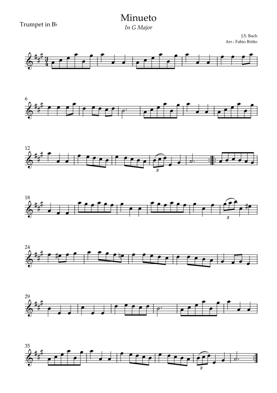 Minueto in G Major ( J.S. Bach) for Trumpet in Bb Solo (arr. Fabio Britto)