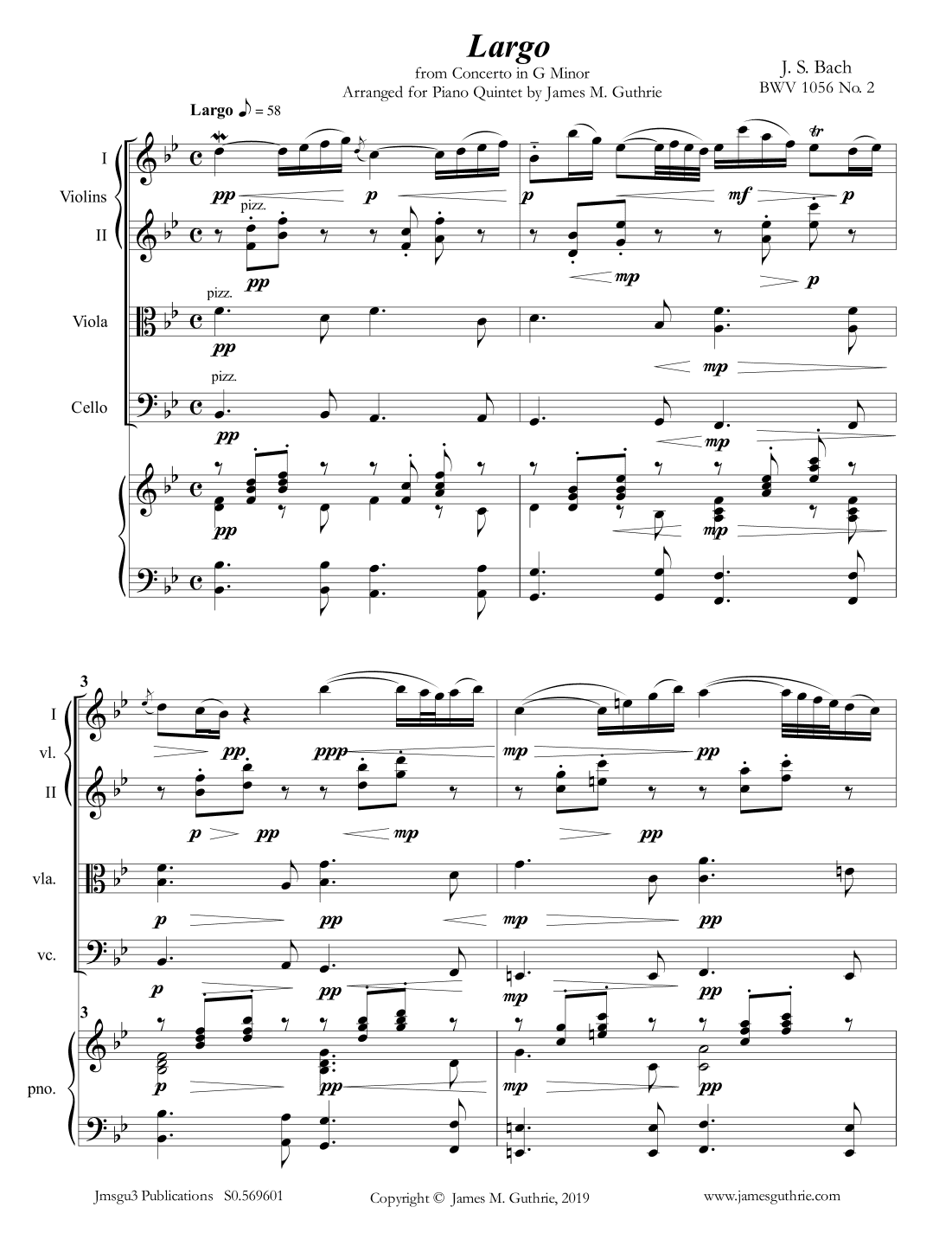 Bach: Largo from Concerto BWV 1056 for Piano Quintet (arr. James M. Guthrie)