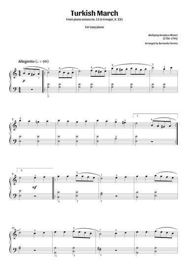 Turkish March (easy piano - clean with fingering) (arr. Bernardo Pereira)