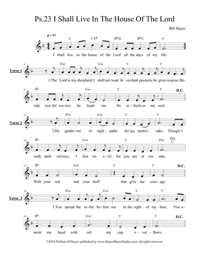 Psalmm 23:  I Shall Live In The House Of The Lord - leadsheet (4 verses)
