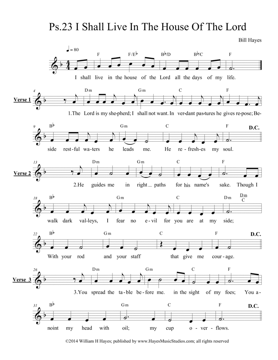 Psalmm 23:  I Shall Live In The House Of The Lord - leadsheet (4 verses)