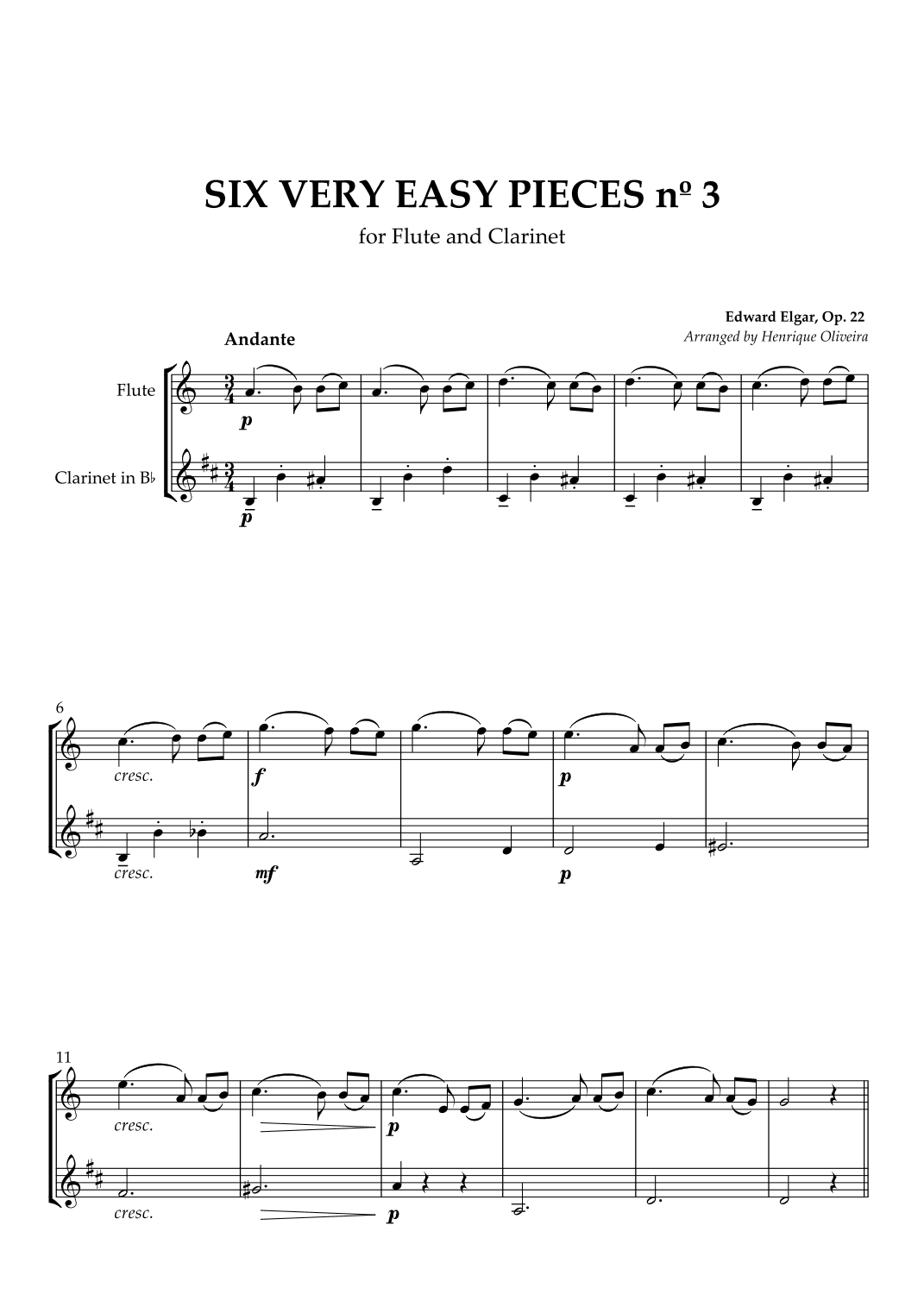 Six Very Easy Pieces nº 3 (Andante) - for Flute and Clarinet (arr. Henrique Oliveira)