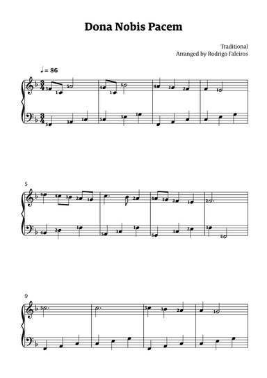 Dona Nobis Pacem - for piano - beginner level 3 (featuring fingerings) (arr. Rodrigo Faleiros)