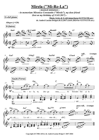Mirela ("Mi-Re-La") - musical miniature - G-clef piano/harp (GCP/GCH) arrangement (score+lead)