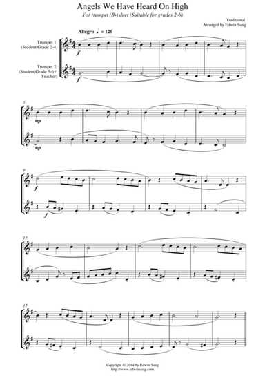 Angels We Have Heard On High (for trumpet (Bb) duet, suitable for grades 2-6) (arr. Edwin Sung)
