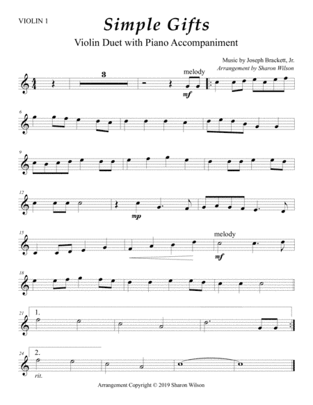 Simple Gifts (Easy Violin Duet with Piano accompaniment) (arr. Sharon Wilson)