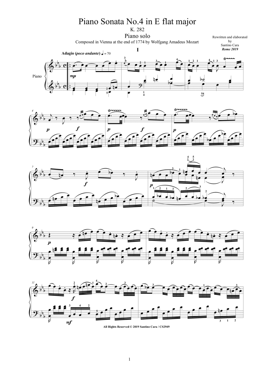 Mozart - Piano Sonata No.4 in E flat major K 282 - Complete score (arr. Santino Cara)