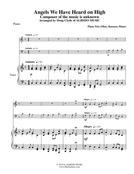 Angels We Have Heard on High for Oboe, Bassoon & Piano (arr. Doug Clyde)