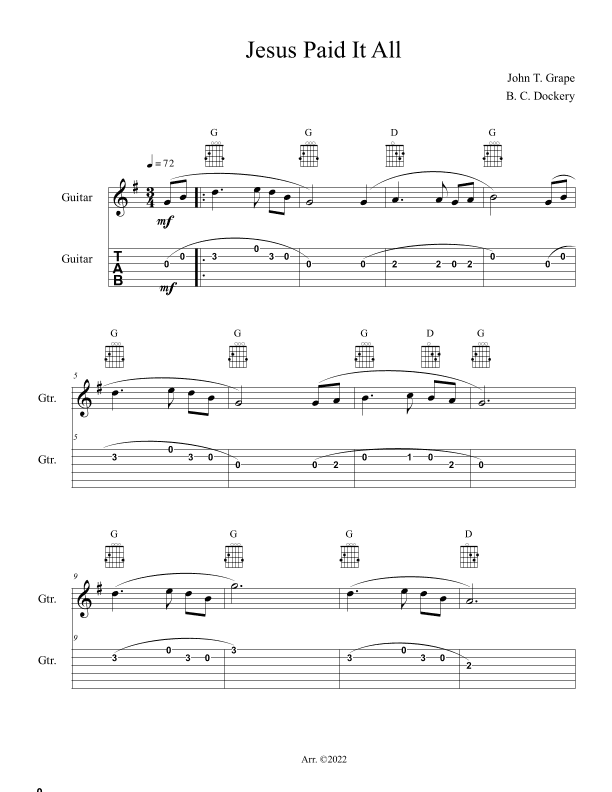 Jesus Paid It All (Guitar Solo or Duet with TAB) (arr. B. C. Dockery)
