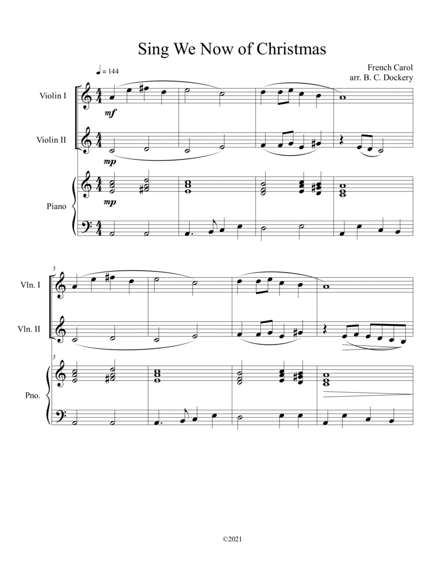Sing We Now of Christmas (Violin Duet with Piano Accompaniment) (arr. B. C. Dockery)