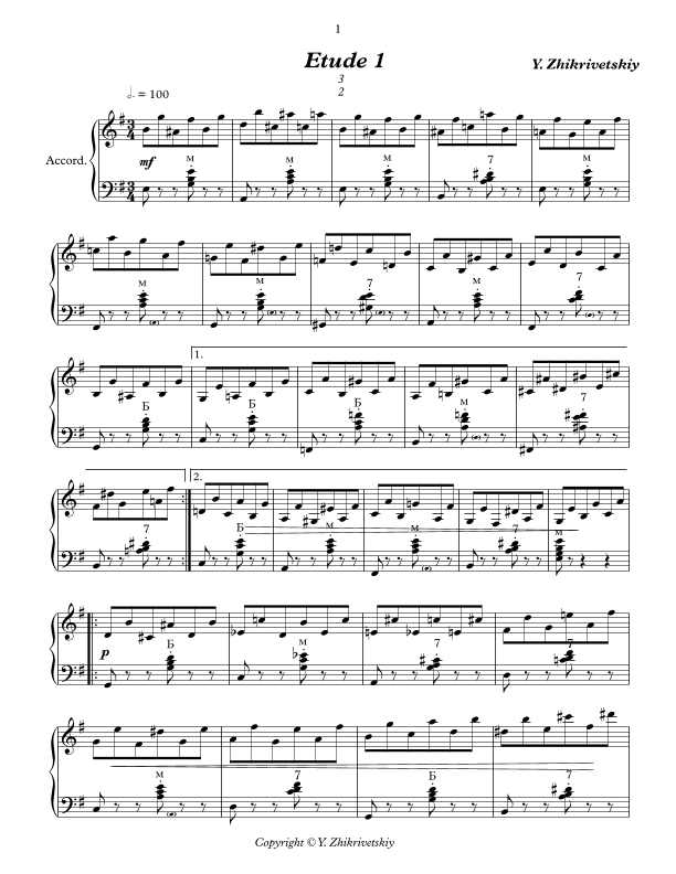 Polyrhythmic etude #1 for accordion: 2 in the left hand - 3 in the right.