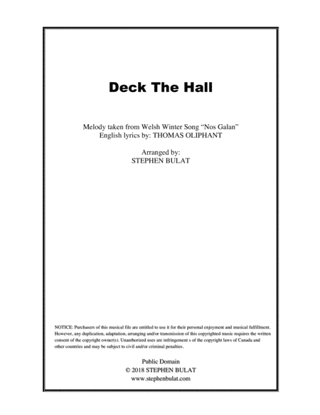 Deck The Halls - Lead sheet arranged in traditional and jazz style (key of G) (arr. Stephen Bulat)