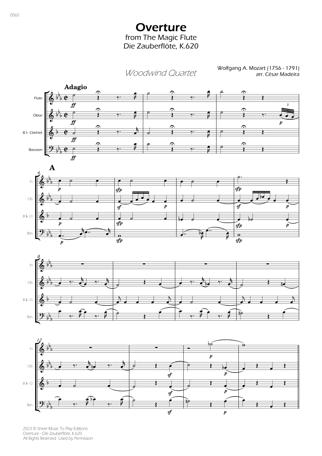 Overture from The Magic Flute - Woodwind Quartet (Full Score) - Score Only (arr. César Madeira)