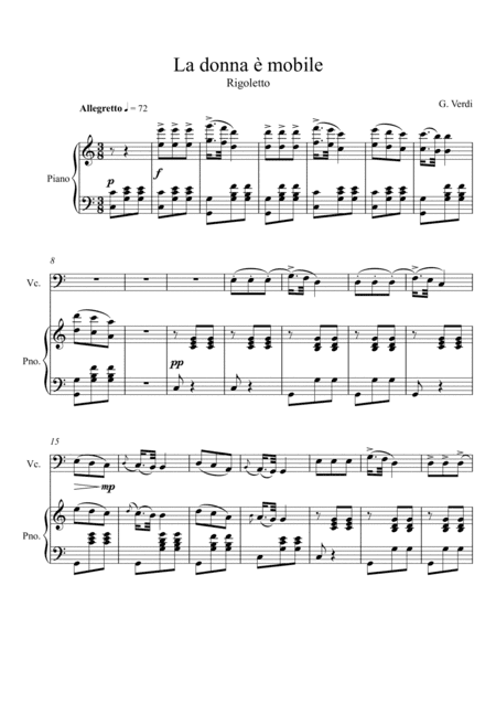 Giuseppe Verdi - La donna e mobile (Rigoletto) Violoncello Solo - C Key (arr. André Laitano)