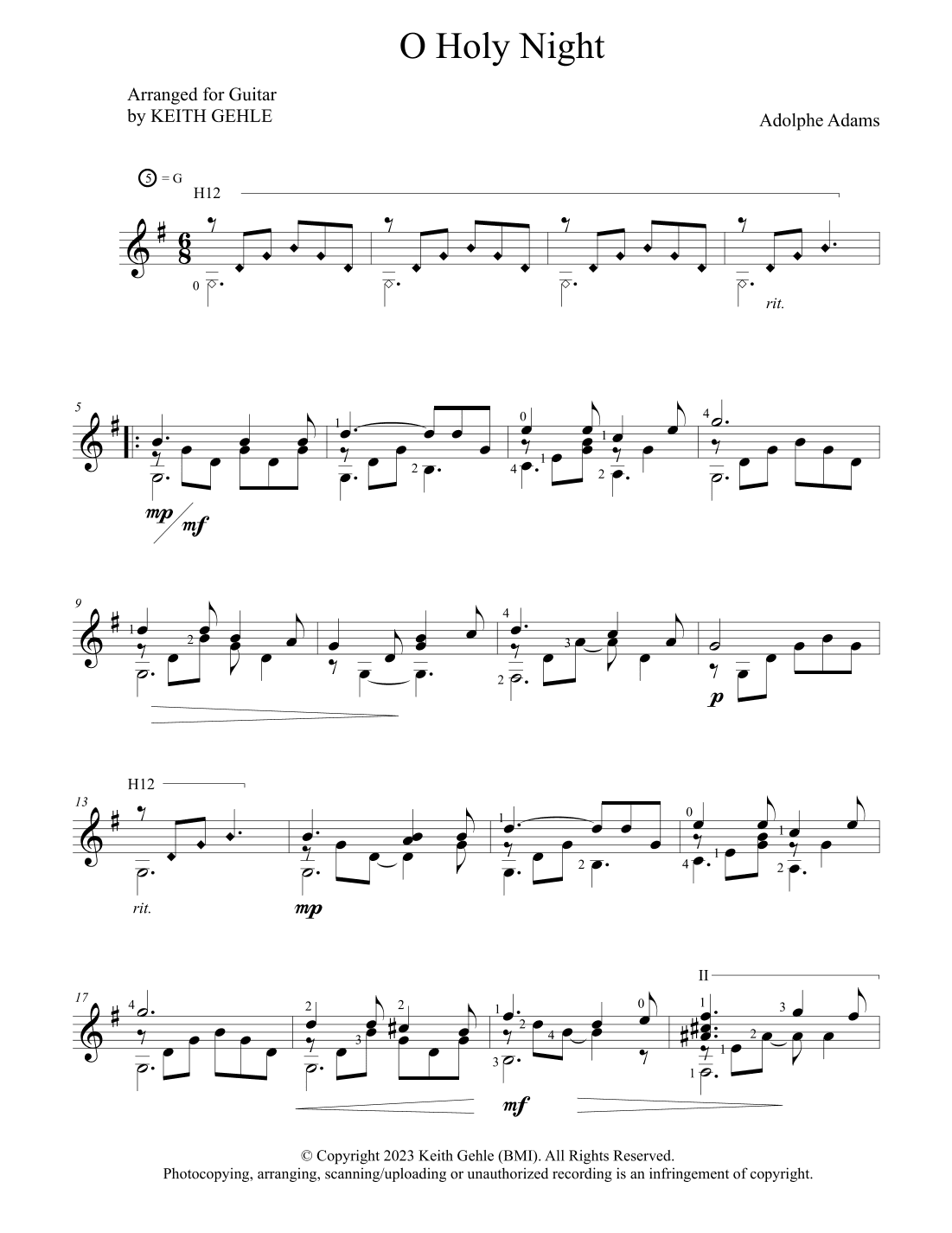 "O Holy Night" for solo classical fingerstyle guitar (arr. Keith W. Gehle)