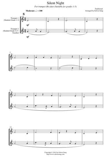 Silent Night (for trumpet (Bb) duet, suitable for grades 1-5) (arr. Edwin Sung)