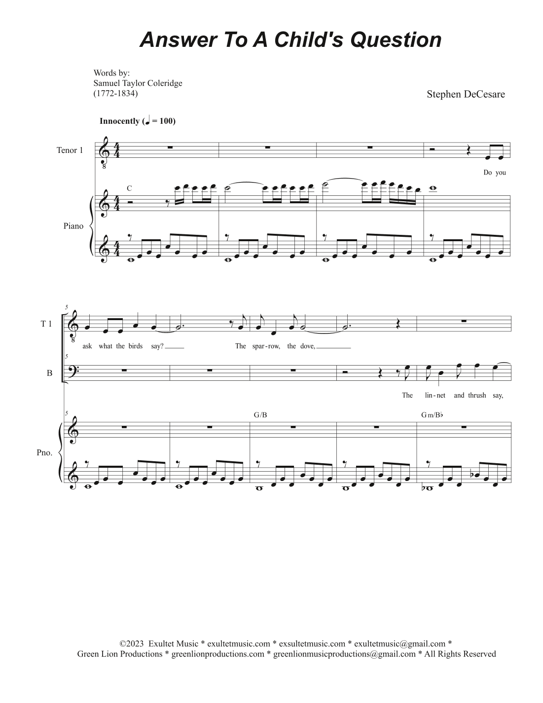 Answer To A Child's Question (Vocal Trio - (TTB)
