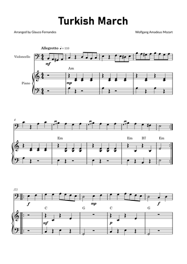 Turkish March by Mozart - Cello and Piano with Chord Notations (arr. Glauco Fernandes)