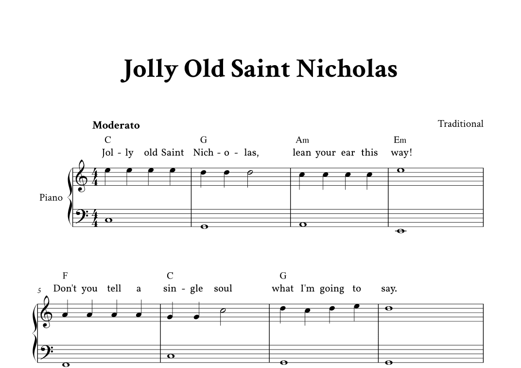 Jolly Old Saint Nicholas - Easy Piano in C (with Lyrics Above Staff) (arr. Yuri Noronha)